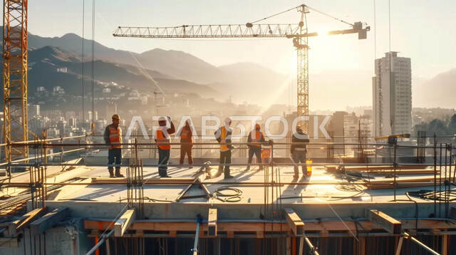 مبنى قيد الانشاء، العمل في موقع البناء، مجموعة من العمال العرب الخليجيين السعوديين يرتدون سترة وخوذة الحماية يقفون على السطح، الرافعات والعوارض الفولاذية، مهن ووظائف هندسية