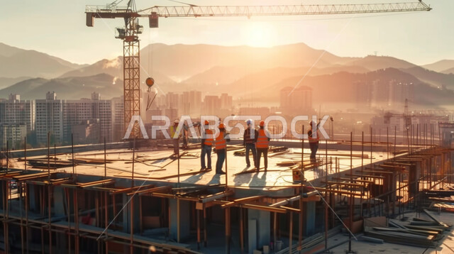 العمل في موقع البناء، مجموعة من العمال العرب الخليجيين السعوديين يرتدون سترة وخوذة الحماية يقفون على السطح، الرافعات والعوارض الفولاذية، مبنى قيد الانشاء، مهن ووظائف هندسية