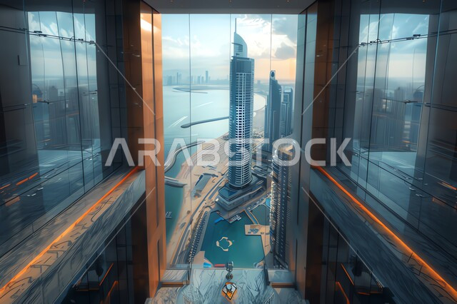 تصاميم حديثه لاحدى الفنادق، الديكورات والتصاميم الداخلية للشقق الفاخرة، الاطلاله الواسعه على مياه البحر من النوافذ، مفهوم السياحه والترفيه الفاخر، صورة مقربة للواجهات الزجاجية لاحدى الابراج الراقيه