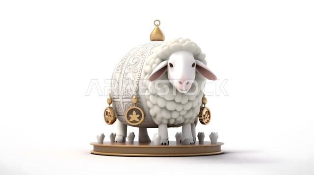 رسوم توضيحية كرتونية ثلاثية الأبعاد لخاروف أبيض لطيف ، قربان عيد الأضحى المبارك ، الاحتفال بالمناسبات والأعياد الدينية الإسلامية ، مسلسلات و أفلام كرتون للأطفال ، خلفية بيضاء