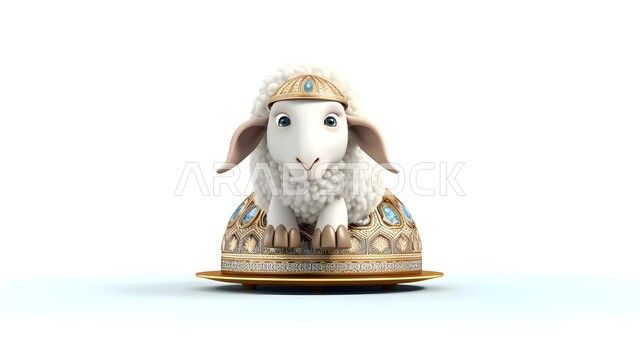 Qurbani Eid al-Adha, celebration of Islamic religious occasions and holidays, 3D cartoon illustrations of a cute white sheep, cartoon series and movies for children, white background