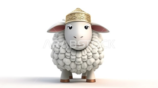 الاحتفال بالمناسبات والأعياد الدينية الإسلامية ، قربان عيد الأضحى المبارك ، رسوم توضيحية كرتونية ثلاثية الأبعاد لخاروف أبيض لطيف ، مسلسلات و أفلام كرتون للأطفال ، خلفية بيضاء