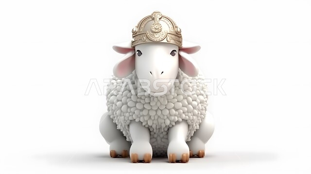 استقبال المناسبات والأعياد الدينية الإسلامية ، قربان عيد الأضحى المبارك ، رسوم توضيحية كرتونية ثلاثية الأبعاد لخاروف أبيض لطيف ، مسلسلات و أفلام كرتون للأطفال ، خلفية بيضاء