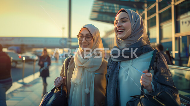 مفهوم السفر وزيارة مدن مختلفة، شابتان عربيتان خليجيتان سعوديتان محجبتان تحملان الأمتعة تقفان في شرفة المطار، النظر الى شيء ما بسعادة، ايماءات الحماس والفرح بالسياحة، الذهاب في عطلة صيفية ممتعة