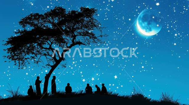 View of the sky illuminated by bright stars and crescent moon at night, silhouette of a tree on a mountain peak, scene of the Milky Way and cosmic phenomena, natural places in Saudi Arabia, Salwait, nature background