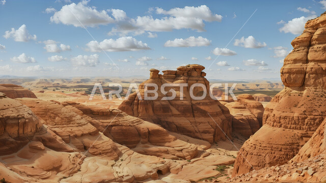 Natural rock formations and formations in desert areas, terrain, peaks and mountain heights in Al-Ula Governorate, ancient historical monuments in Madain Saleh, places of tourism and spending enjoyable time in the Kingdom of Saudi Arabia.