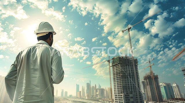 The concept of urban development in the Kingdom of Saudi Arabia, supervising the progress of the work plan at the construction site, a close-up photo from the back of a Saudi Gulf Arab engineer wearing a protection helmet working in the engineering field, Saudi professions and jobs, following up and monitoring the construction process