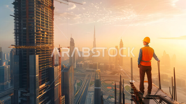Supervising the progress of the work plan at the construction site, a picture from the back of a Saudi Gulf Arab engineer wearing a protection helmet working in the engineering field, Saudi professions and jobs, following up and monitoring the construction process, the concept of development, urban progress in the Kingdom of Saudi Arabia