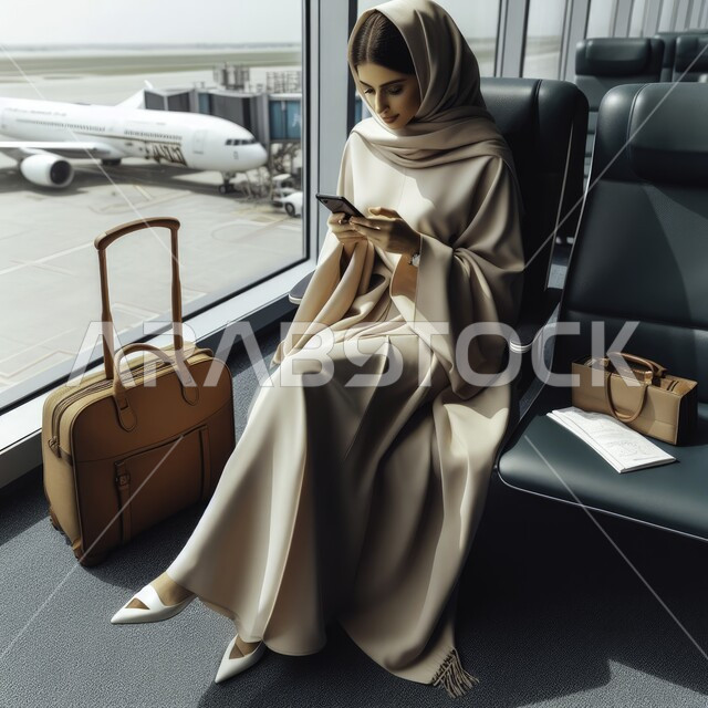 الاستعداد لقضاء الوقت الممتع في الإجازة الصيفية, أناقة النساء السعوديات, إمرأة عربية خليجية سعودية ترتدي العباءة والحجاب تمسك بيدها الهاتف المحمول وتجلس في قاعة انتظار المطار, مفهوم السفر والقيام بالجولات الترفيهية السياحية