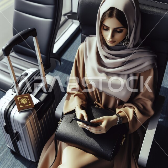 مفهوم السفر والقيام بالجولات الترفيهية السياحية, الاستعداد لقضاء الوقت الممتع في الإجازة الصيفية, أناقة النساء السعوديات, إمرأة عربية خليجية سعودية ترتدي العباءة والحجاب تمسك بيدها الهاتف المحمول وتجلس في قاعة انتظار المطار