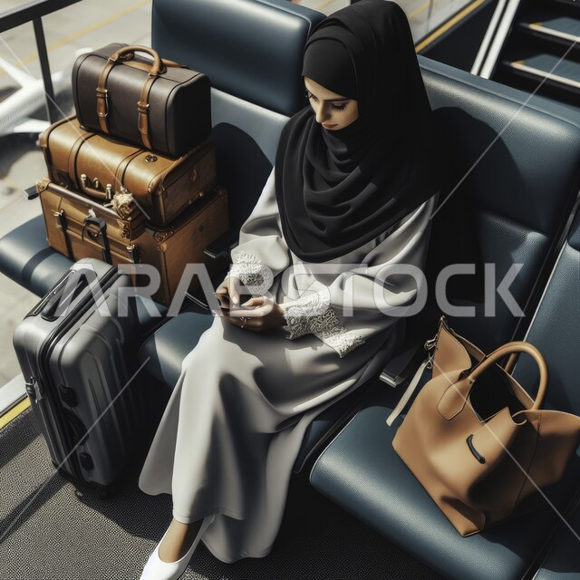 أناقة النساء السعوديات, الاستعداد لقضاء الوقت الممتع في الإجازة الصيفية, إمرأة عربية خليجية سعودية ترتدي العباءة والحجاب تمسك بيدها الهاتف المحمول وتجلس في قاعة انتظار المطار, مفهوم السفر والقيام بالجولات الترفيهية السياحية