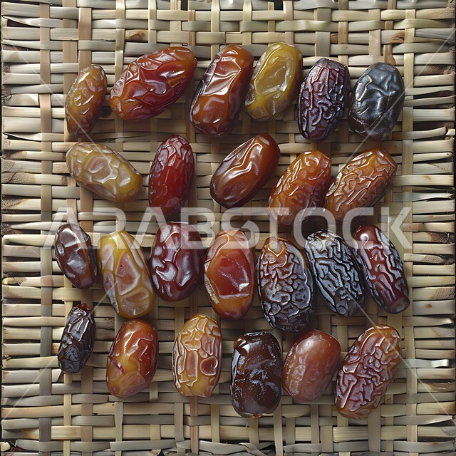 Pride and finest types of dates in the Kingdom of Saudi Arabia, delicious dates on a traditional woven mat, national local agricultural products and crops, foods with high nutritional value, useful healthy snacks