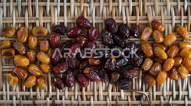 حبات التمر الشهية على حصيرة منسوجة تقليدية, منتجات ومحاصيل زراعية محلية وطنية, أغذية ذات قيمة غذائية عالية, سناكات صحية مفيدة, أفخر وأجود أنواع التمر في المملكة العربية السعودية
