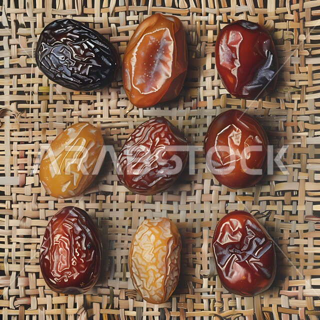 أغذية ذات قيمة غذائية عالية, سناكات صحية مفيدة, أفخر وأجود أنواع التمر في المملكة العربية السعودية, حبات التمر الشهية على حصيرة منسوجة تقليدية, منتجات ومحاصيل زراعية محلية وطنية