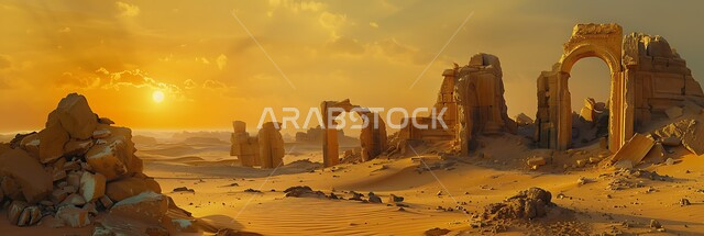 Heritage, authenticity and nobility, enjoying the sunset view in the deserts of the Kingdom, ancient heritage stone monuments, hills and soft golden sand, natural tourist attractions in Saudi Arabia, stone formations and formations