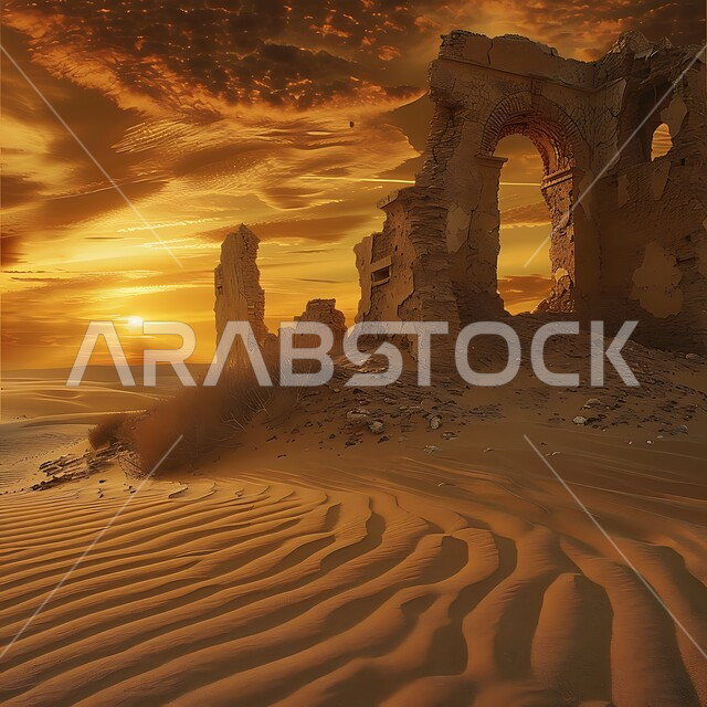 Ancient historical monuments, tourism in desert nature, nobility, authenticity and Saudi heritage, archaeological stone formations and formations, tourist archaeological site in the Kingdom of Saudi Arabia, soft golden sand in the Gulf deserts
