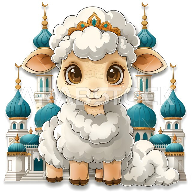 الاحتفال بالمناسبات والأعياد الدينية الإسلامية، ملصقات ورسوم توضيحية لحيوان الخاروف أبيض لطيف محبب للأطفال، مسلسلات و أفلام كرتونية, قربان عيد الأضحى المبارك،  خلفية مسجد