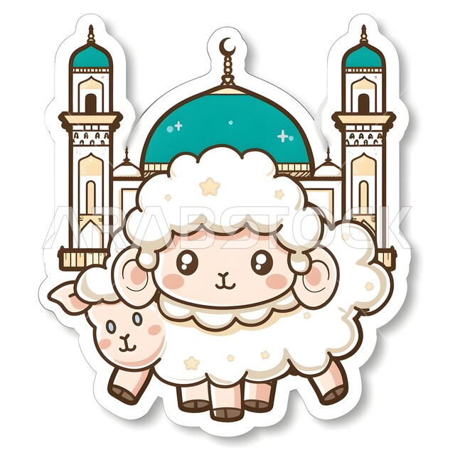  استعداد وفرحة الأطفال بقدوم العيد, رسوم توضيحية فنية لخاروف أبيض كرتوني محبب للأولاد, تصميم بطاقات وملصقات تهنئة بالأعياد والمناسبات السعيدة, خلفية المسجد