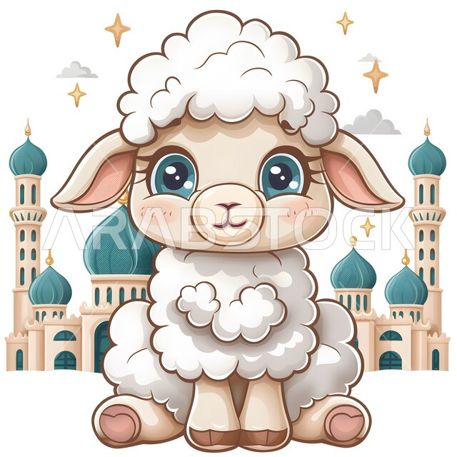 Festive artwork, design of congratulatory cards and posters for holidays and happy occasions, children’s readiness and joy for the coming of Eid, illustrations of a cartoon white sheep beloved by boys, mosque background