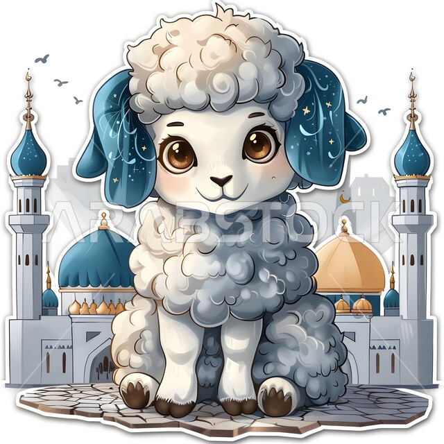Festive artwork, design of congratulatory cards and posters for holidays and happy occasions, children’s readiness and joy for the coming of Eid, illustrations of a cartoon white sheep beloved by boys, mosque background