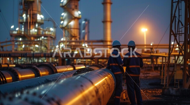 متابعة سير الاعمال في المصانع ،صورة من الخلف لمهندسين عربين خليجيين سعوديين يرتديان الخوذة وسترة الحماية يقفان بين خطوط الأنابيب وقت غروب الشمس، مفهوم إنتاجية الغاز في المملكة العربية السعودية, مهن ووظائف سعودية، خلفية مصنع تكرير النفط