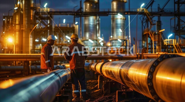 وظائف ومهن شبابية سعودية، متابعة سير الاعمال في المصانع، صورة من الخلف لمهندسين عربين خليجيين سعوديين يرتديان الخوذة وسترة الحماية يقفان بين خطوط الأنابيب وقت غروب الشمس، مفهوم إنتاجية الغاز في المملكة العربية السعودية,  خلفية مصنع تكرير النفط