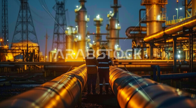 متابعة سير الاعمال في المصانع ،صورة من الخلف لمهندسين عربين خليجيين سعوديين يرتديان الخوذة وسترة الحماية يقفان بين خطوط الأنابيب وقت غروب الشمس، مفهوم إنتاجية الغاز في المملكة العربية السعودية, مهن ووظائف سعودية، خلفية مصنع تكرير النفط