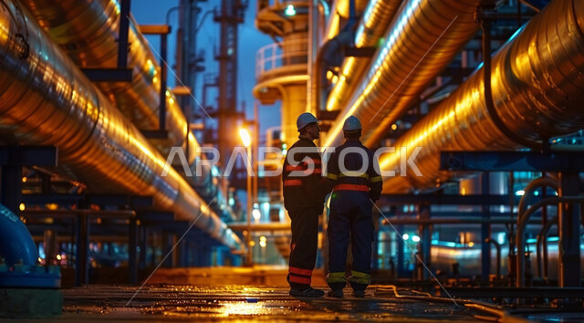 مفهوم إنتاجية الغاز في المملكة العربية السعودية, متابعة سير الاعمال في المصانع, مهن ووظائف سعودية، مهندسان عربيان خليجيان سعوديان يرتديان الخوذة وسترة الحماية يقفان في مصنع تكرير النفط