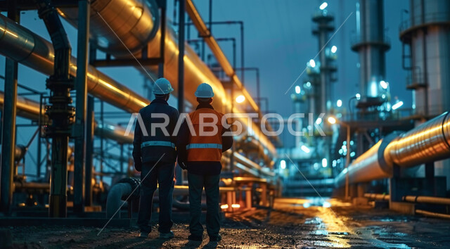 مهن ووظائف سعودية، صورة من الخلف لمهندسين عربين خليجين سعوديين يرتديان الخوذة وسترة الحماية يسيران في مصنع تكرير النفط، مفهوم إنتاجية الغاز في المملكة العربية السعودية, متابعة سير الاعمال في المصانع