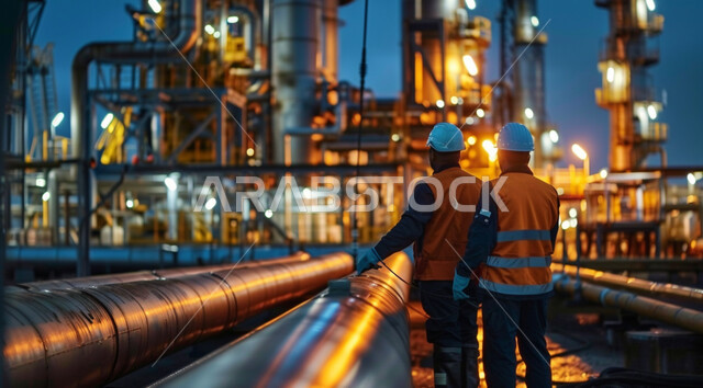 متابعة سير الاعمال في المصانع, مهن ووظائف سعودية، صورة من الخلف لمهندسين عربين خليجين سعوديين يرتديان الخوذة وسترة الحماية يسيران في مصنع تكرير النفط، مفهوم إنتاجية الغاز في المملكة العربية السعودية