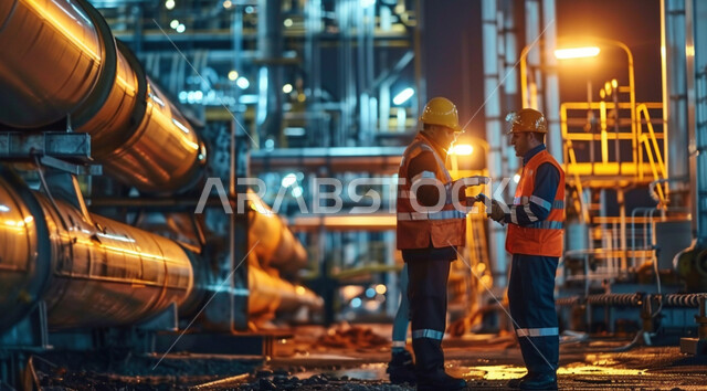مفهوم إنتاجية الغاز في المملكة العربية السعودية, متابعة سير الاعمال في المصانع, مهن ووظائف سعودية، مهندسان عربيان خليجيان سعوديان يرتديان الخوذة وسترة الحماية يقفان في مصنع تكرير النفط
