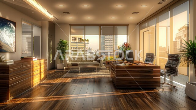 إكسسوارات وتحف فاخرة، مكتب عمل بأثاث أنيق ومريح، غرفة أعمال مستطيلة واسعة، تصميم عصري حديث لمكاتب الشركات السعودية، غرف مكتبية بتصاميم داخلية وديكورات كلاسيكية راقية على الطراز الحديث
