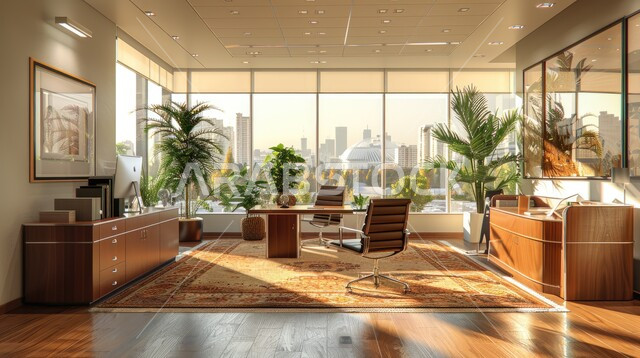الفن الهندسي المعماري الداخلي المتطور، مجسمات وتصاميم كلاسيكية لمكاتب الأعمال الحديثة، مكتب عمل بواجهه زجاجية مطلة على الطبيعة، تصميم عصري حديث لمكاتب الشركات في المملكة العربية السعودية