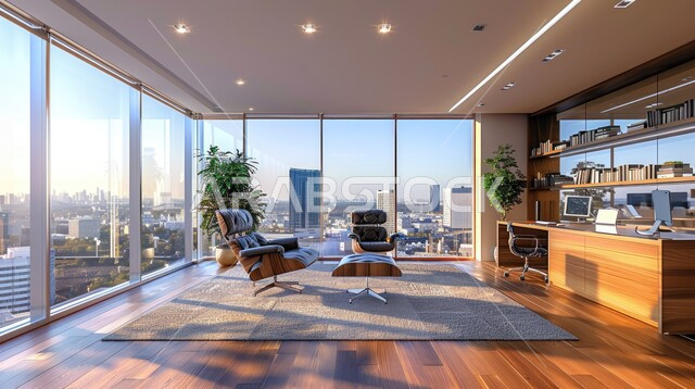 تحف وإكسسوارات فاخرة، مكتب عمل بأثاث أنيق ومريح، غرفة أعمال مستطيلة واسعة، تصميم عصري حديث لمكاتب الشركات السعودية، غرف مكتبية بتصاميم داخلية وديكورات كلاسيكية راقية على الطراز الحديث