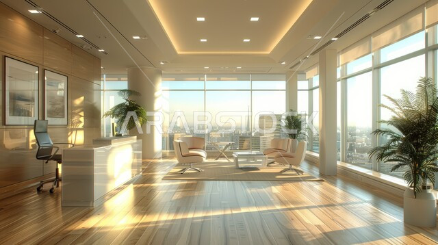 A work office with elegant and comfortable furniture, a spacious rectangular business room, a modern modern design for Saudi corporate offices, office rooms with elegant classic interior designs and decor in a modern style, luxury antiques and accessories.