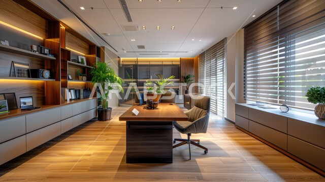 غرفة أعمال مستطيلة واسعة، تصميم عصري حديث لمكاتب الشركات السعودية، غرف مكتبية بتصاميم داخلية وديكورات كلاسيكية راقية على الطراز الحديث، مكتب عمل بأثاث أنيق ومريح، تحف وإكسسوارات فاخرة