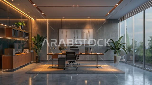 مجسمات وتصاميم كلاسيكية لمكاتب الأعمال الحديثة، مكتب عمل بواجهه زجاجية مطلة على الطبيعة، تصميم عصري حديث لمكاتب الشركات في المملكة العربية السعودية، الفن الهندسي المعماري الداخلي المتطور
