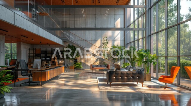 A spacious business room equipped with equipment and tools, advanced architectural engineering art, office work rooms with sophisticated interior designs and decorations, modern modern design for Saudi corporate offices, a large glass facade overlooking nature.