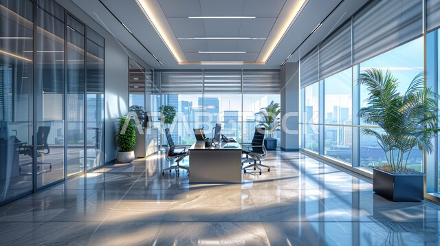 واجهة زجاجية كبيرة مطلة على الأبراج وناطحات السحاب، الفن الهندسي المعماري المتطور، غرف عمل مكتبية بتصاميم وديكورات داخلية راقية، تصميم عصري حديث لمكاتب الشركات السعودية، غرفة أعمال واسعة مجهزة بالمعدات والأدوات