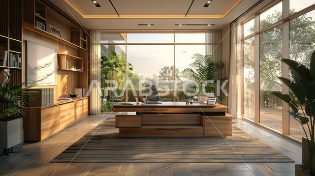 غرف عمل مكتبية بتصاميم وديكورات داخلية راقية، تصميم عصري حديث لمكاتب الشركات السعودية، الفن الهندسي المعماري المتطور، غرفة أعمال واسعة مجهزة بالمعدات والأدوات، واجهة زجاجية كبيرة مطلة على الطبيعة