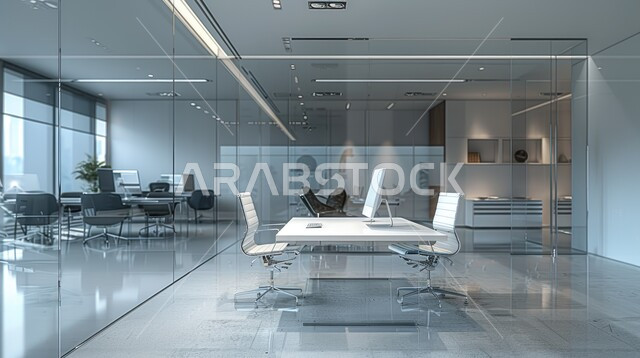 التصميم العصري الحديث للمكاتب في الشركات السعودية، غرفة اجتماعات واسعة مع طاولة بيضاء محاطة بكراسي، غرف مكتبية بتصاميم وديكورات داخلية فخمة، الواجهات الزجاجية الكبيرة