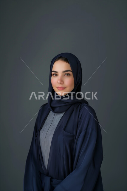 مفهوم الأنوثة والنعومة، الاهتمام بالأناقة والمظهر الخارجي، بورتريه مقرب لامرأة عربية خليجية سعودية محجبة ترتدي العباءة تنظر الى الكاميرا بإيماءات الثقة بالنفس، إبراز الملامح الخليجية الناعمة, خلفية سوداء