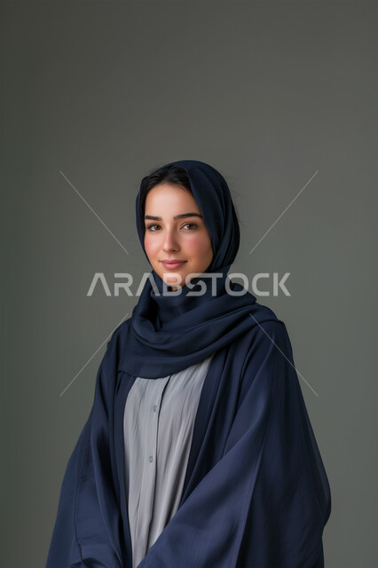 إبراز الملامح الخليجية الناعمة, مفهوم الأنوثة والنعومة، الاهتمام بالأناقة والمظهر الخارجي، بورتريه مقرب لامرأة عربية خليجية سعودية محجبة ترتدي العباءة تنظر الى الكاميرا بإيماءات الثقة بالنفس, خلفية سوداء