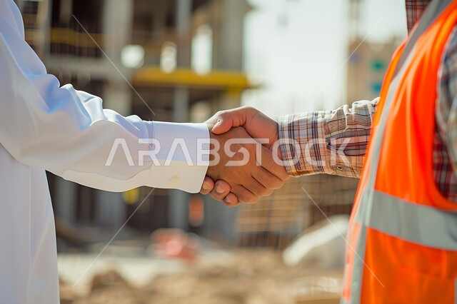 ابرام اتفاقيات ناجحة, التصاميم الهندسية للمشاريع المستقبلية، تعاقدات عمل سعودية ناجحة مع شركات هندسية متطورة، صورة مقربة ليد رجل عربي خليجي سعودي يرتدي الثوب التقليدي يقوم بمصافحة مهندس معماري, خلفية موقع المشروع