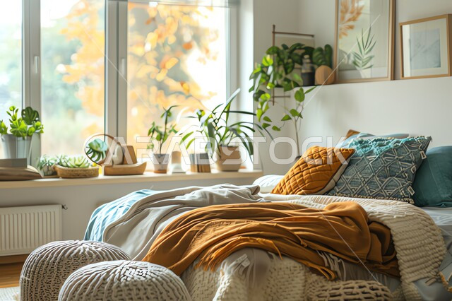 غرفة نوم بأثاث مريح وأنيق بالوان هادئة، فنون الهندسة المعمارية والديكور المتطور، ديكورات وتصاميم داخلية بأسلوب عصري، شقق وفلل سكنية فاخرة في السعودية، فنادق ومنتجعات حديثة في المملكة، نوافذ زجاجية مطلة على الطبيعة