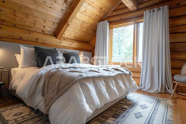 الفن الهندسي المعماري والديكور المتطور، غرفة نوم بأثاث مريح وأنيق بالوان هادئة، ديكورات وتصاميم داخلية بأسلوب عصري، شقق وفلل سكنية فاخرة في السعودية، فنادق ومنتجعات حديثة في المملكة، نوافذ زجاجية مطلة على الطبيعة