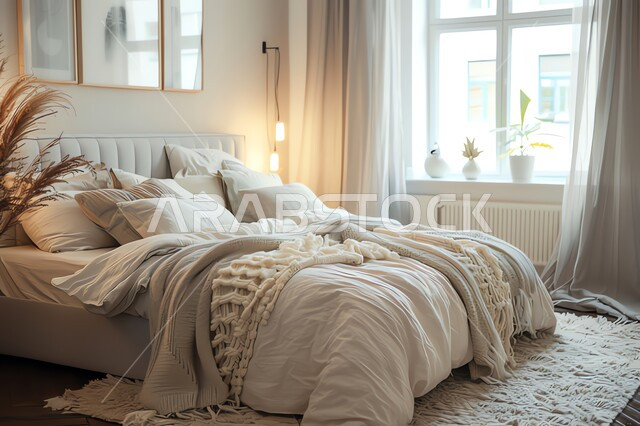 ديكورات وتصاميم داخلية بأسلوب عصري، غرفة نوم بأثاث مريح وأنيق بالوان هادئة، فنون الهندسة المعمارية والديكور المتطور، شقق وفلل سكنية فاخرة في السعودية، فنادق ومنتجعات حديثة في المملكة