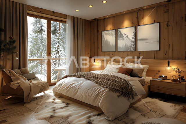 فنون الهندسة المعمارية والديكور المتطور، غرفة نوم بأثاث مريح وأنيق بالوان هادئة، ديكورات وتصاميم داخلية بأسلوب عصري، شقق وفلل سكنية فاخرة في السعودية، فنادق ومنتجعات حديثة في المملكة، نوافذ زجاجية مطلة على الطبيعة