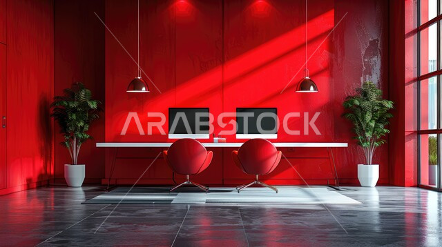 تصميم عصري حديث لمكاتب الشركات في المملكة العربية السعودية، غرفة الأعمال الواسعة المجهزة بالمعدات والادوات، غرف مكتبية بتصاميم داخلية وديكورات راقية باللون الأحمر، مجسمات وتصاميم لمكتب عمل حديث متطور
