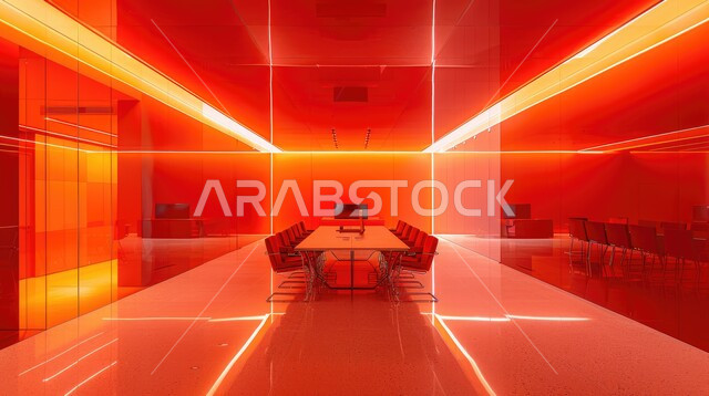 غرف مكتبية بتصاميم وديكورات داخلية باللون الأحمر، غرفة اجتماعات واسعة مع طاولة محاطة بكراسي، التصميم العصري الحديث للمكاتب في الشركات السعودية، الفن الهندسي المعماري العصري والمتطور